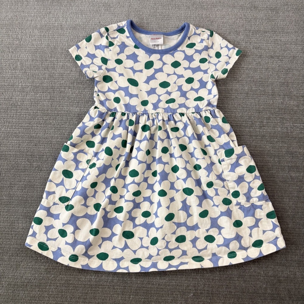 Hanna Andersson Dress Girls 4 Blue Daisy Floral Pockets Midi
